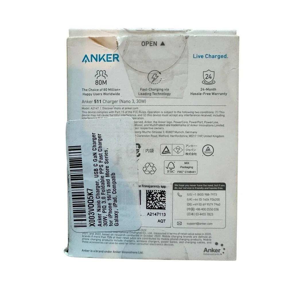 Anker 511 Nano 3 30W Black Charger Power Adapter USB C GaN Foldable Fast